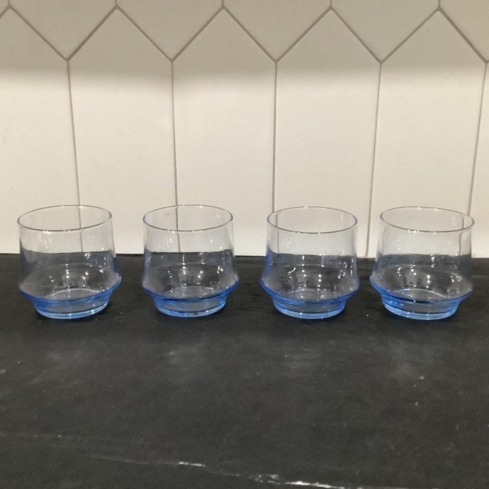Libbey Glass Blue Azure Impromptu Rocks Glasses Retro Barware Set Of 4